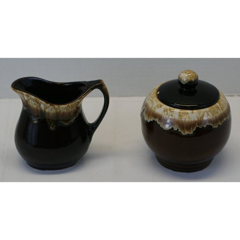 RRP Co Roseville OH Drip Glaze Creamer & Sugar Bowl Black Brown MCM Pottery VTG